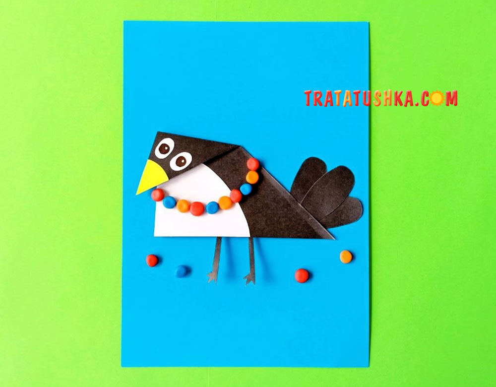 Аплікація сороки з паперу та пластиліну